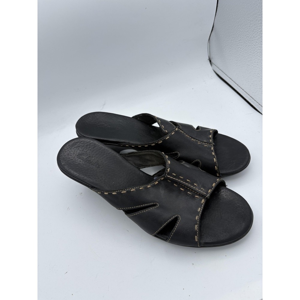 Clarks Shoes Womens Size 9.5 Black Leather Slide Sandals Block Heel Comfort